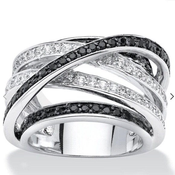 🖤Sterling Silver Black&White Cz Diamond Crisscross Stacked Ring - Picture 5 of 16